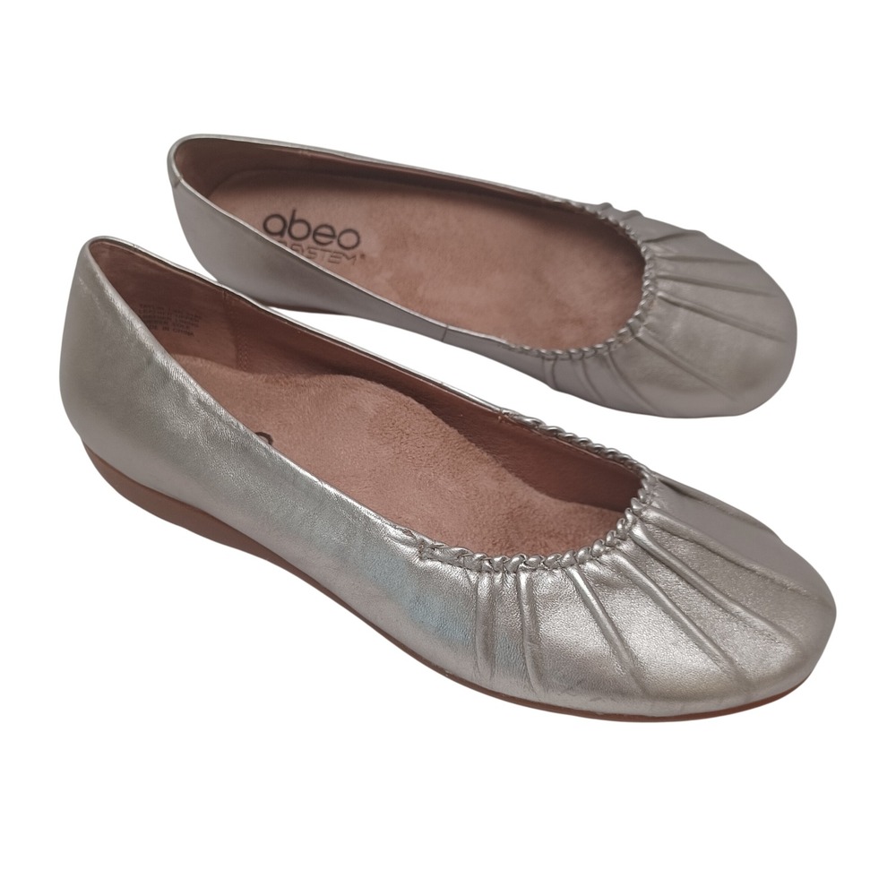 Abeo BIOsystem Metallic Champagne Leather Pleated Round Toe Ballet Flats 7.5 M